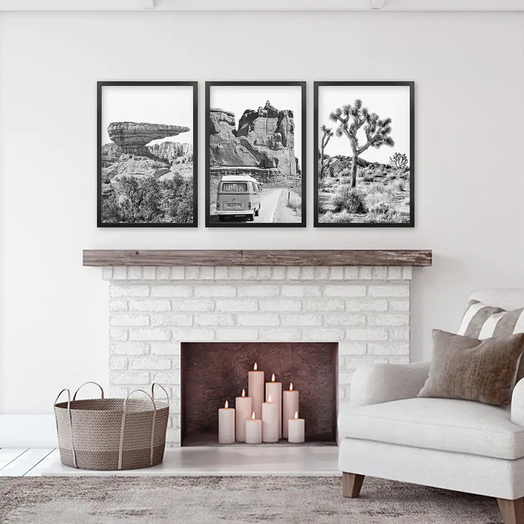 Black and White Desert Set of 3. Vintage Camper, Joshua Tree