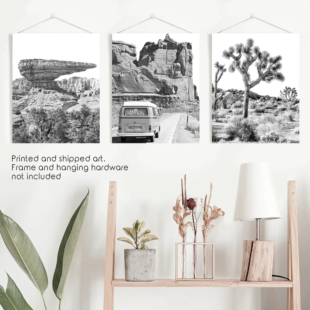 Black and White Desert Set of 3. Vintage Camper, Joshua Tree