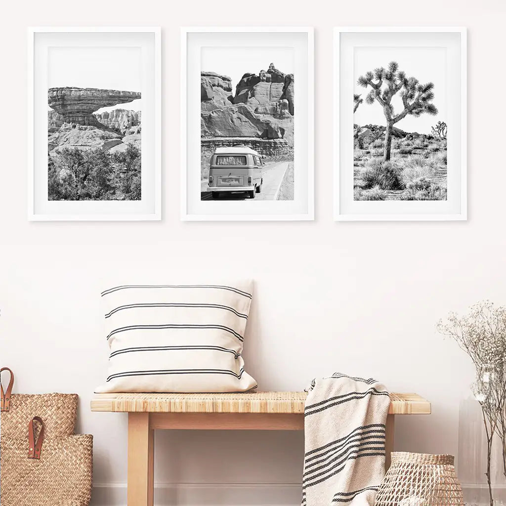 Black and White Desert Set of 3. Vintage Camper, Joshua Tree