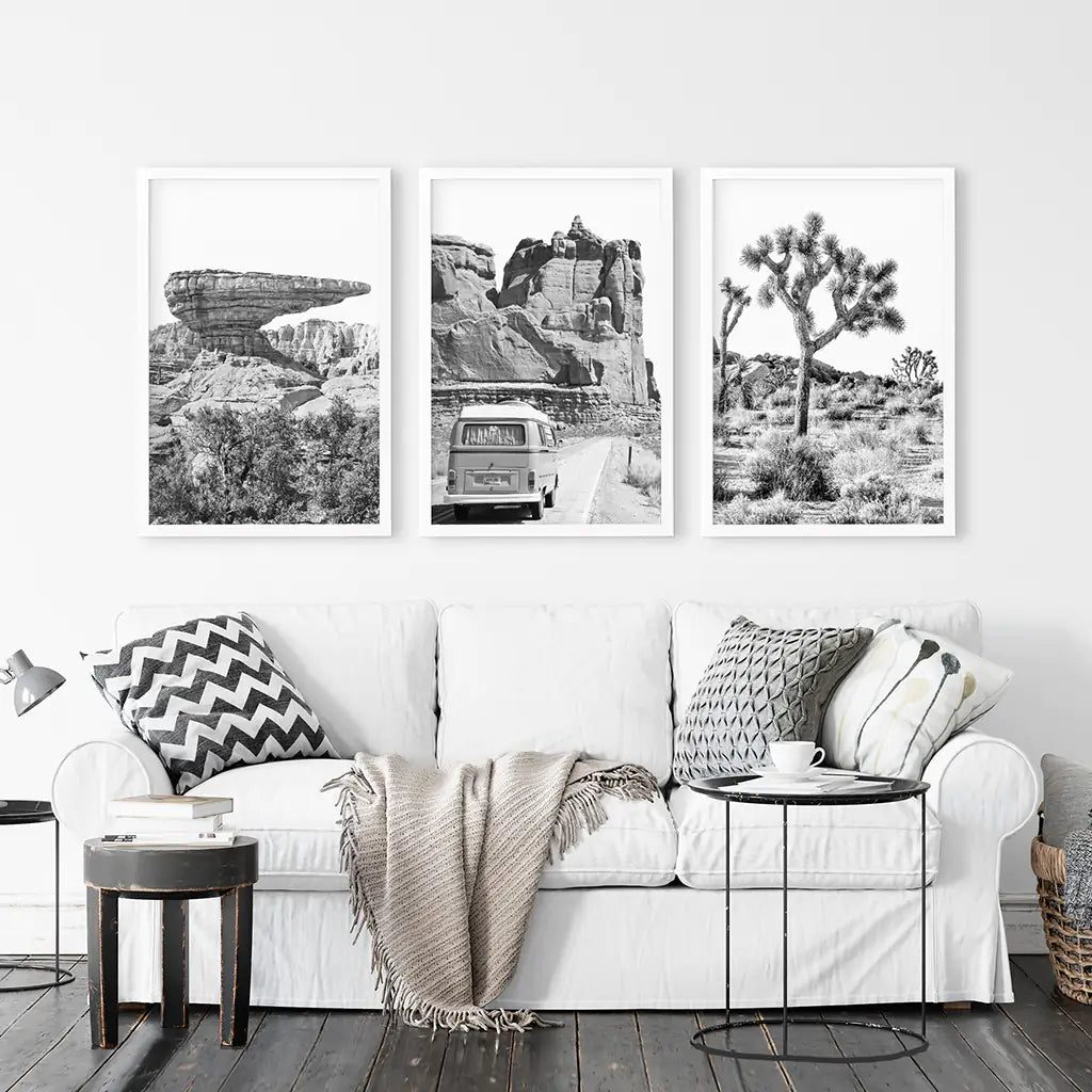 Black and White Desert Set of 3. Vintage Camper, Joshua Tree