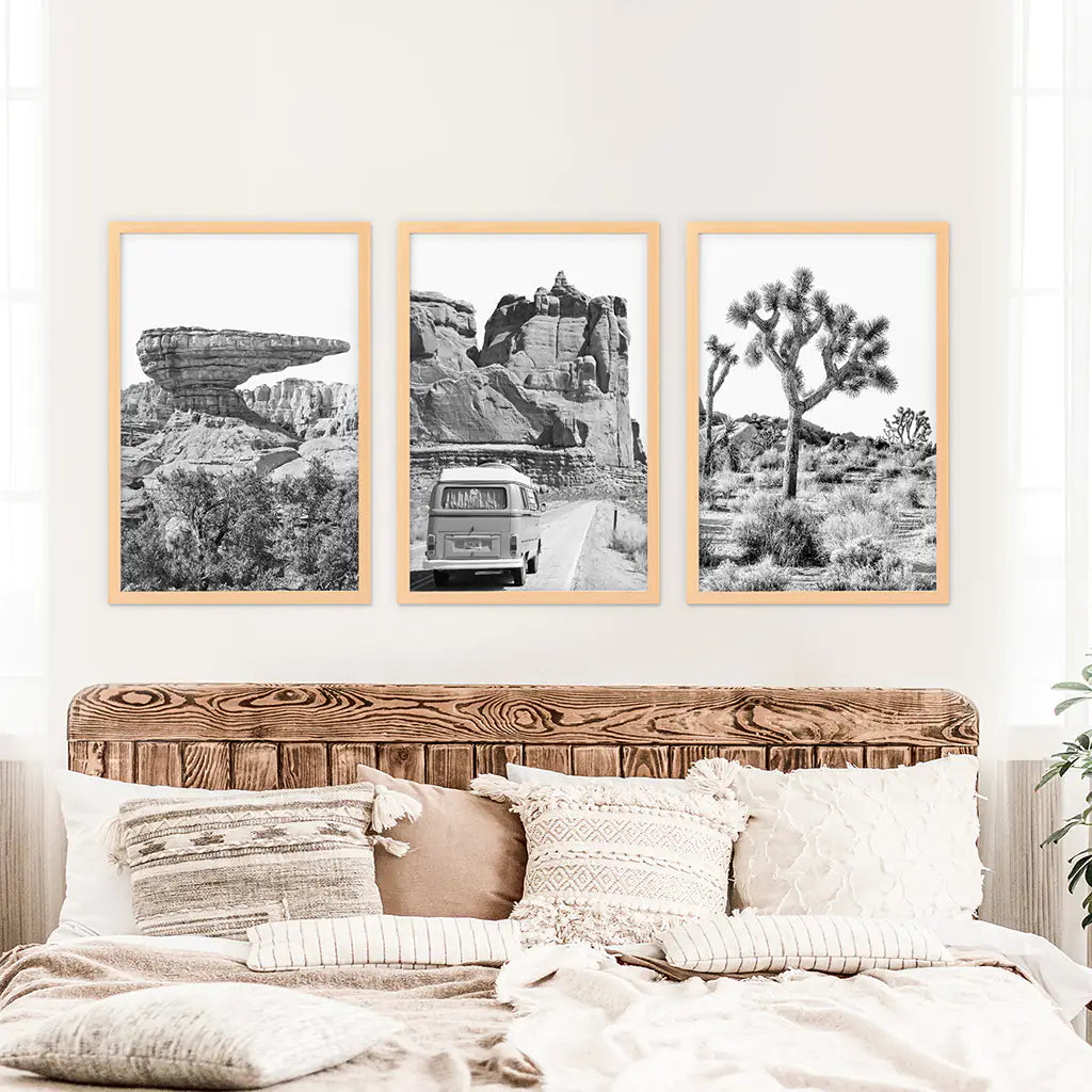 Black and White Desert Set of 3. Vintage Camper, Joshua Tree