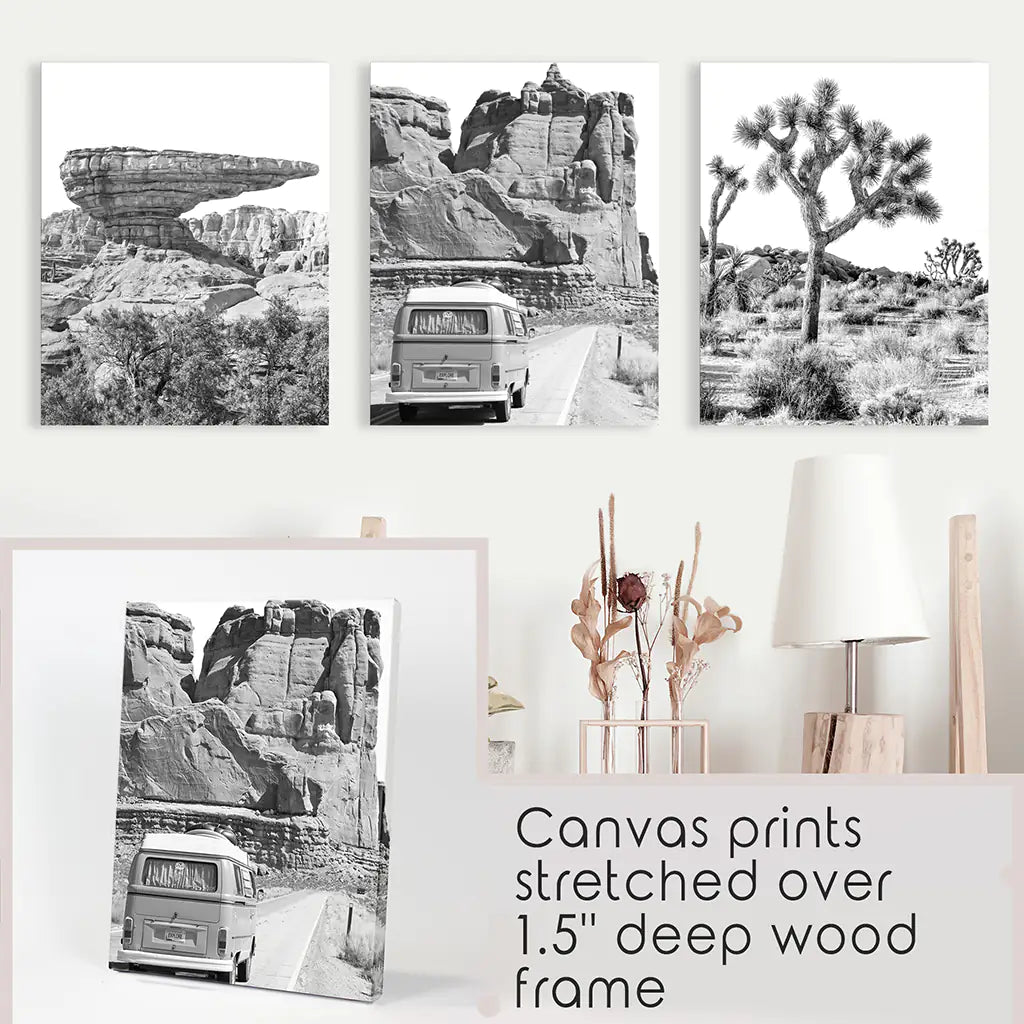 Black and White Desert Set of 3. Vintage Camper, Joshua Tree