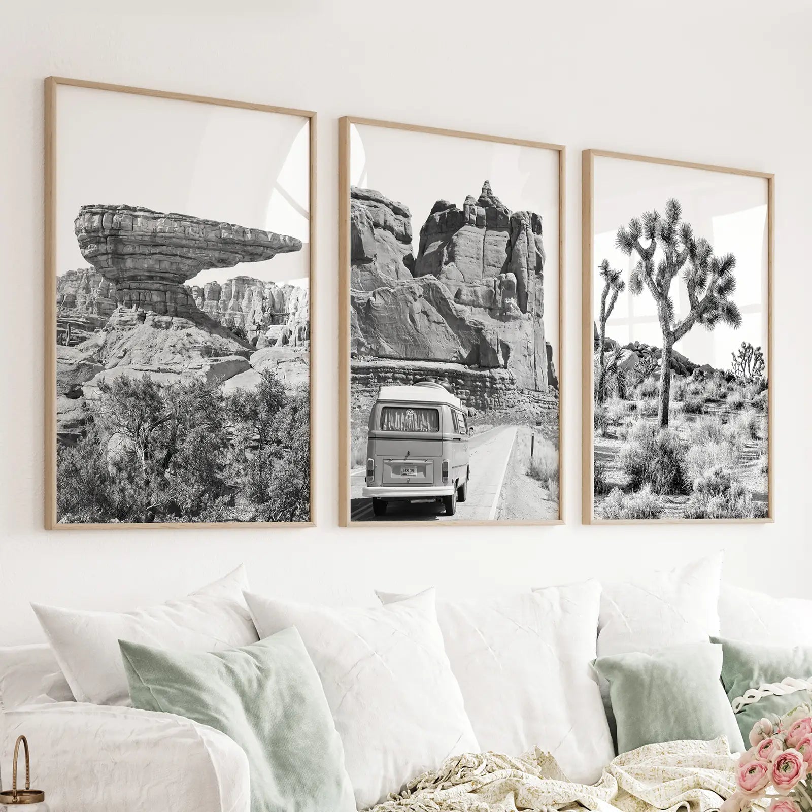 Black and White Desert Set of 3. Vintage Camper, Joshua Tree