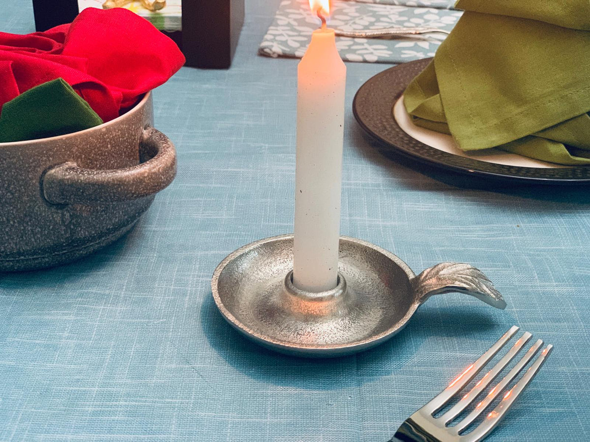 Vibhsa Aluminum Taper Candle Holder – Silver Finish, Leaf Handle