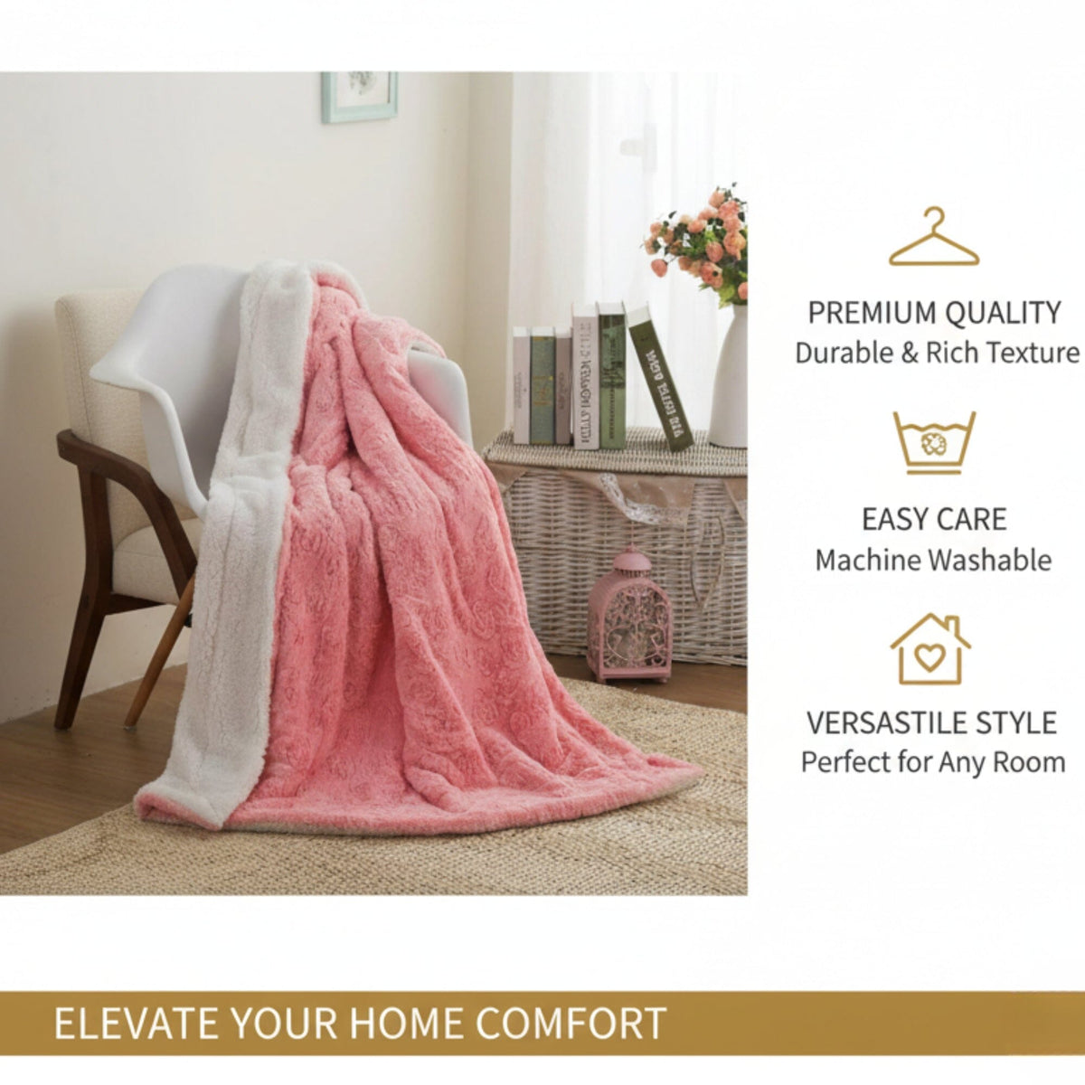 DaDa Blossom Pink Rose Sherpa Throw Blanket