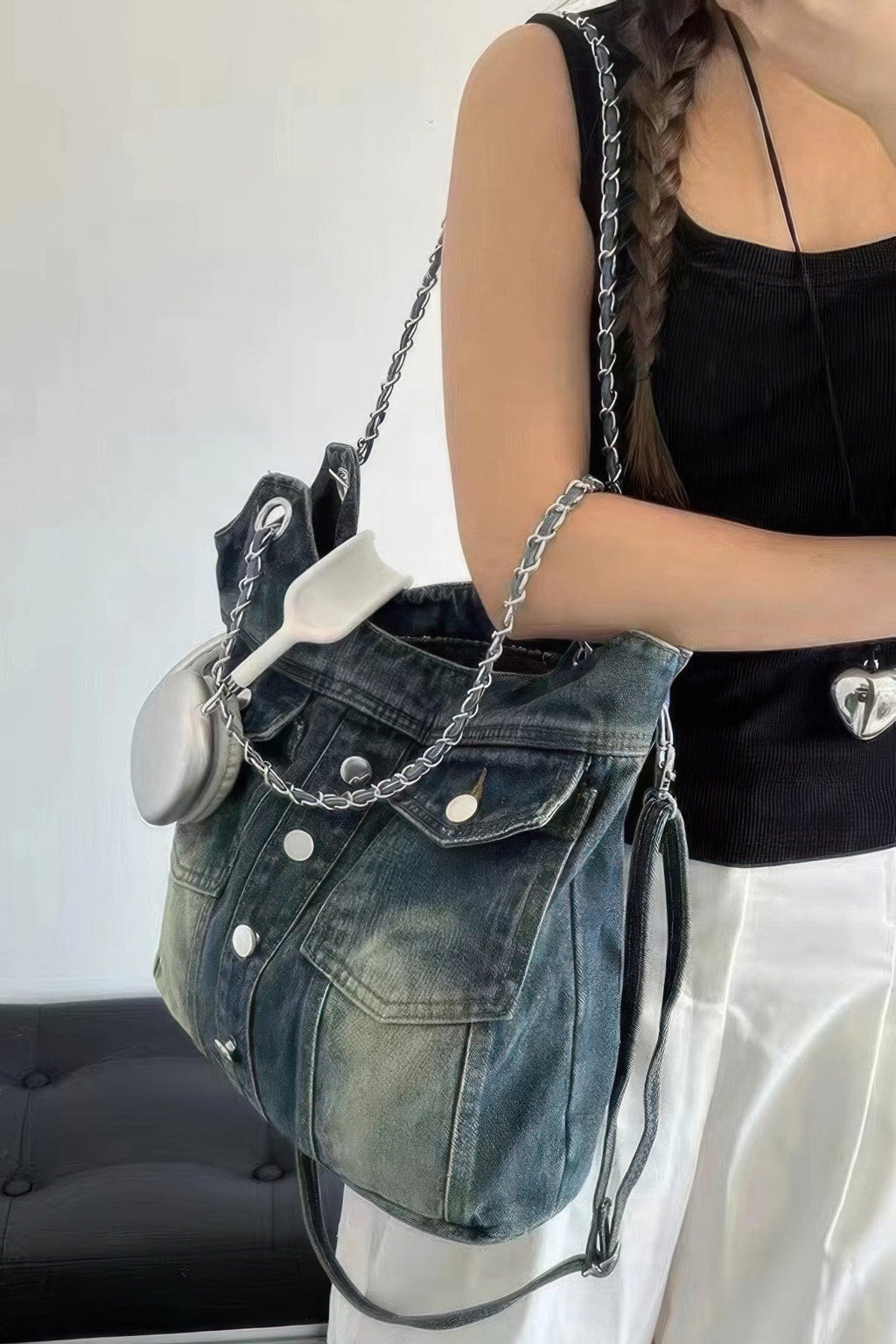 Washed Denim Double Pockets Tote Bag