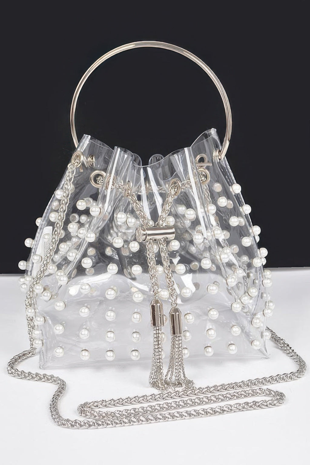 Clear Pearl Stud Bucket Bag W/chain Tassle
