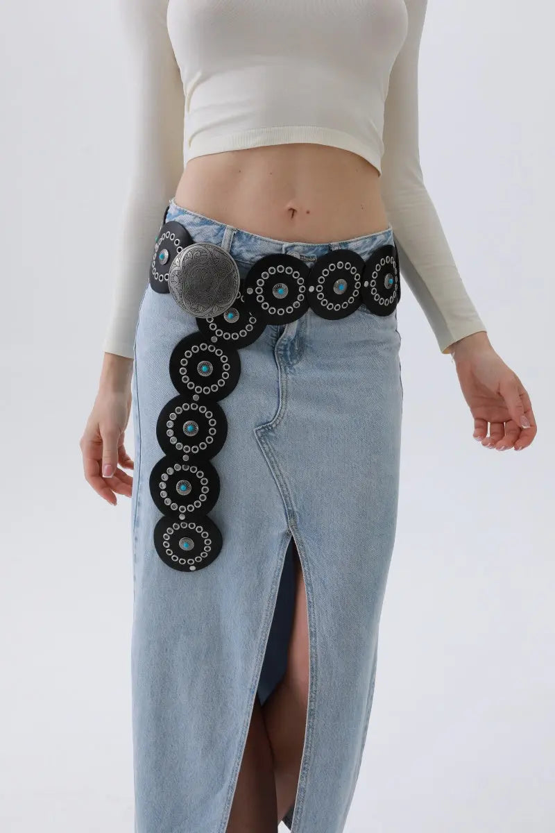 Turquoise Disc Western Belt – Handcrafted Desert Stone Detail💎
