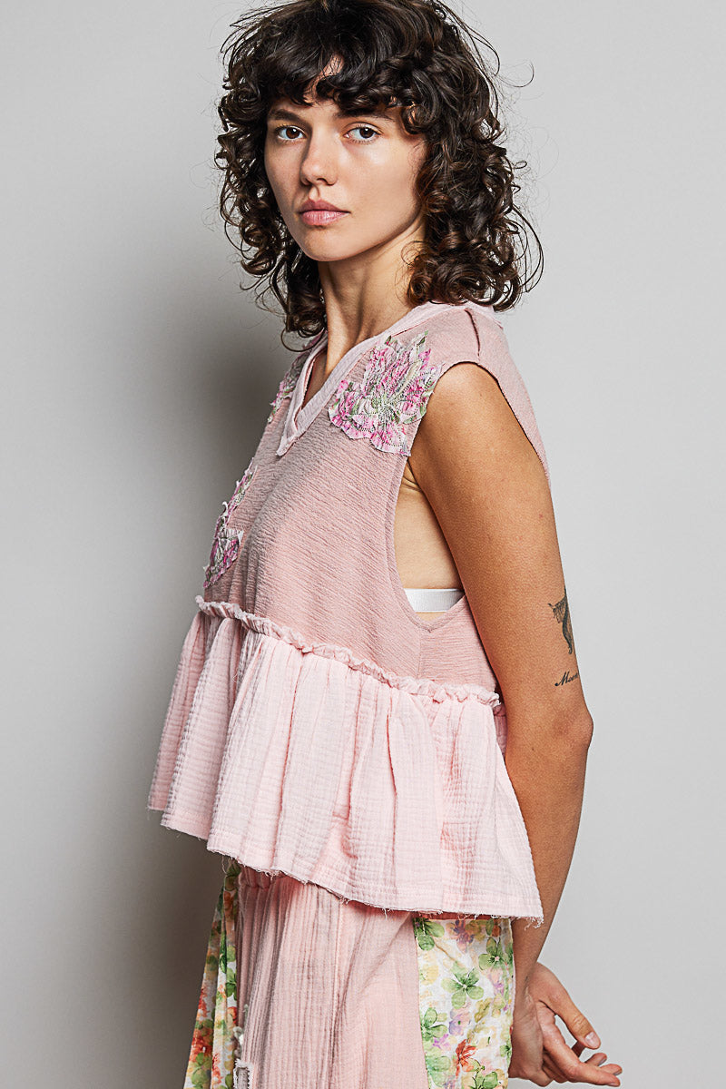 POL Floral Patch Ruffled Sleeveless Top with Raw Edge Detail in Pink