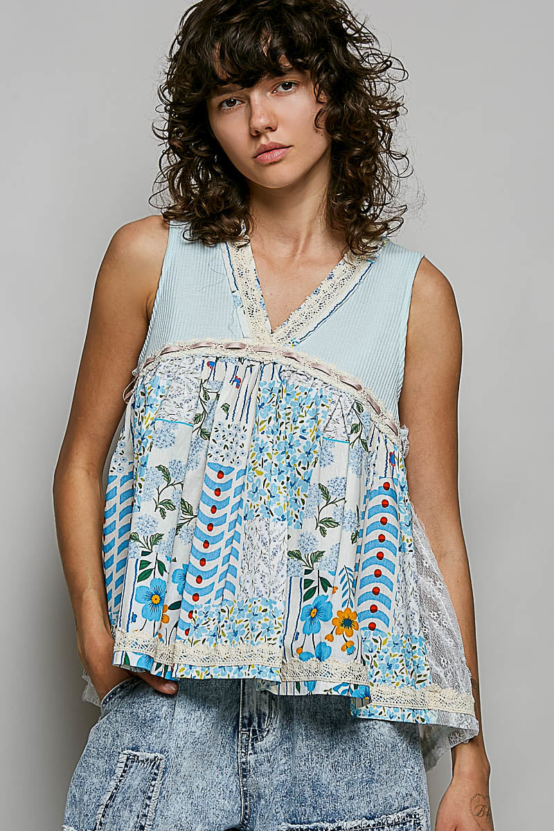 POL Floral V-Neck Sheer Tank with Lace Trim in Soda Candy