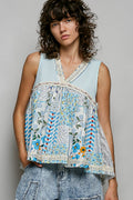 POL Floral V-Neck Sheer Tank with Lace Trim in Soda Candy