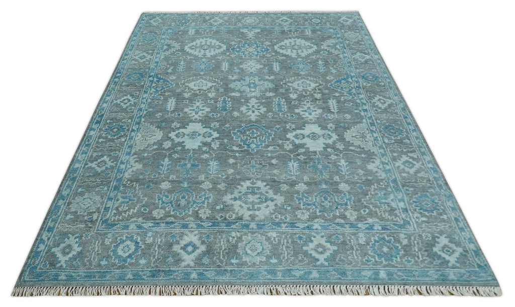 Antique Turkish  Gray and Blue Hand Knotted 8x10 Wool Area Rug