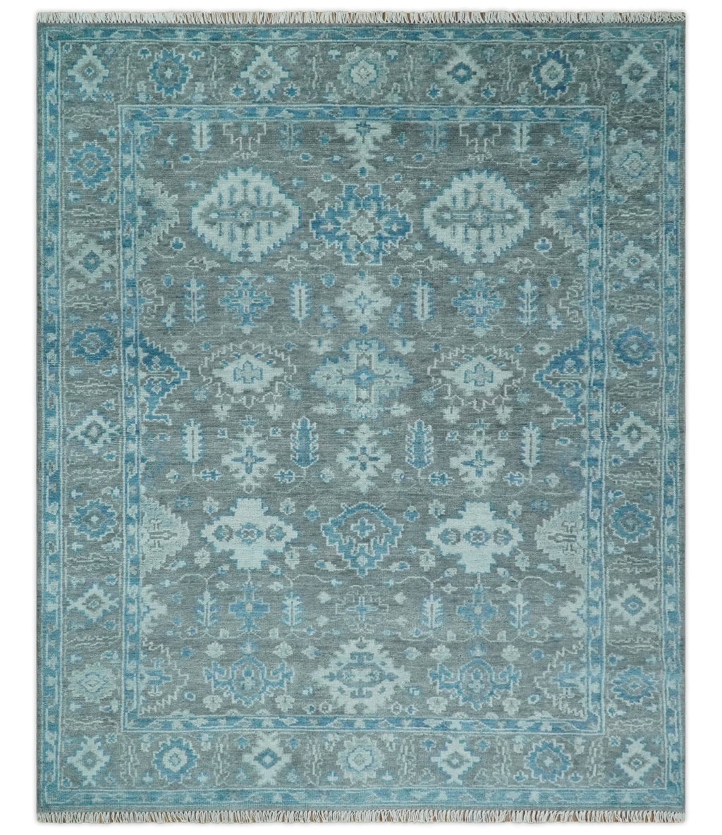 Antique Turkish  Gray and Blue Hand Knotted 8x10 Wool Area Rug