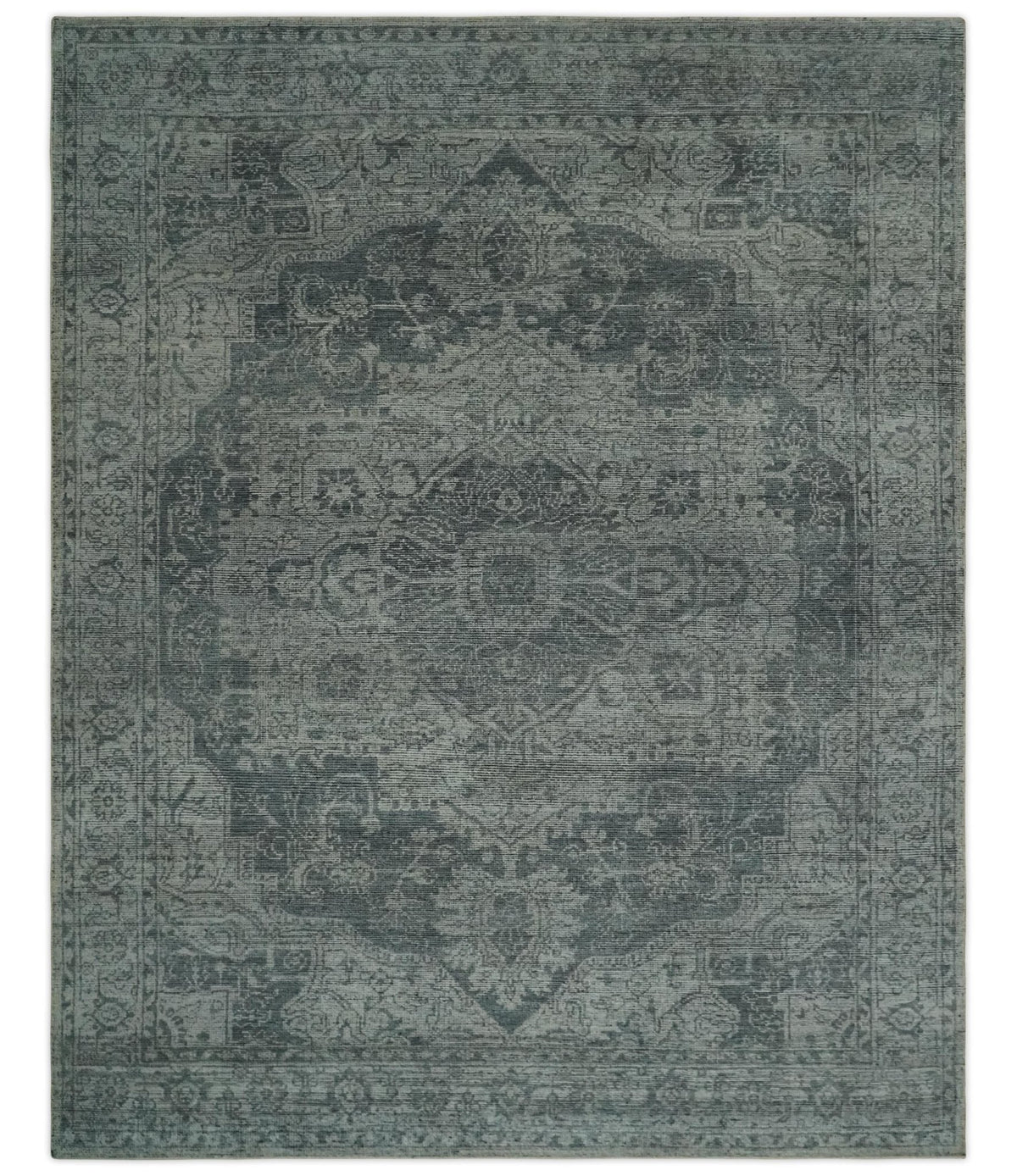 Antique Style Charcoal and Silver Traditional Heriz Medallion 8x10 wool Area Rug