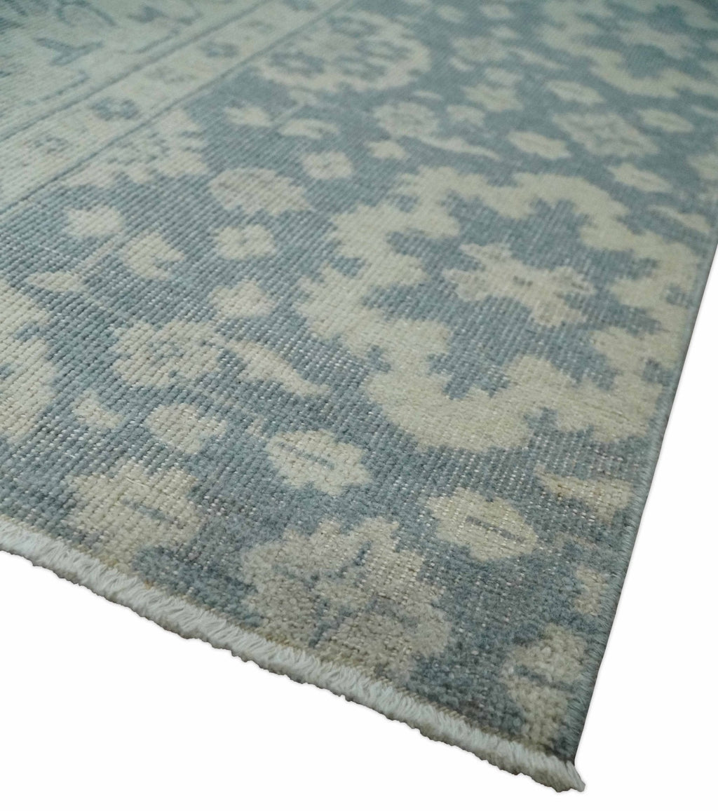 Antique Style Ivory and Charcoal Hand Knotted Traditional Oushak 2x4 wool Bedside Rug