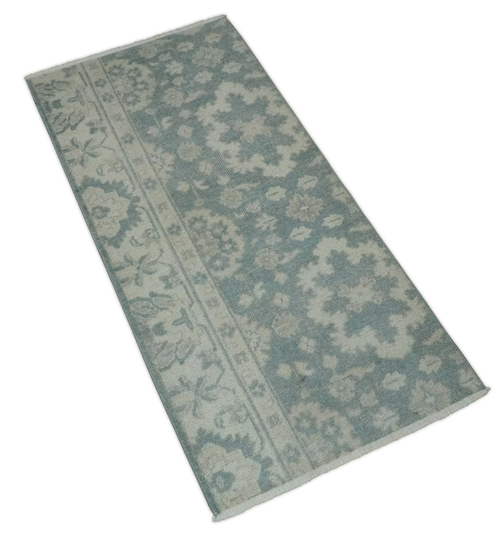 Antique Style Ivory and Gray Hand Knotted Traditional Oushak 2x4 wool Bedside Rug
