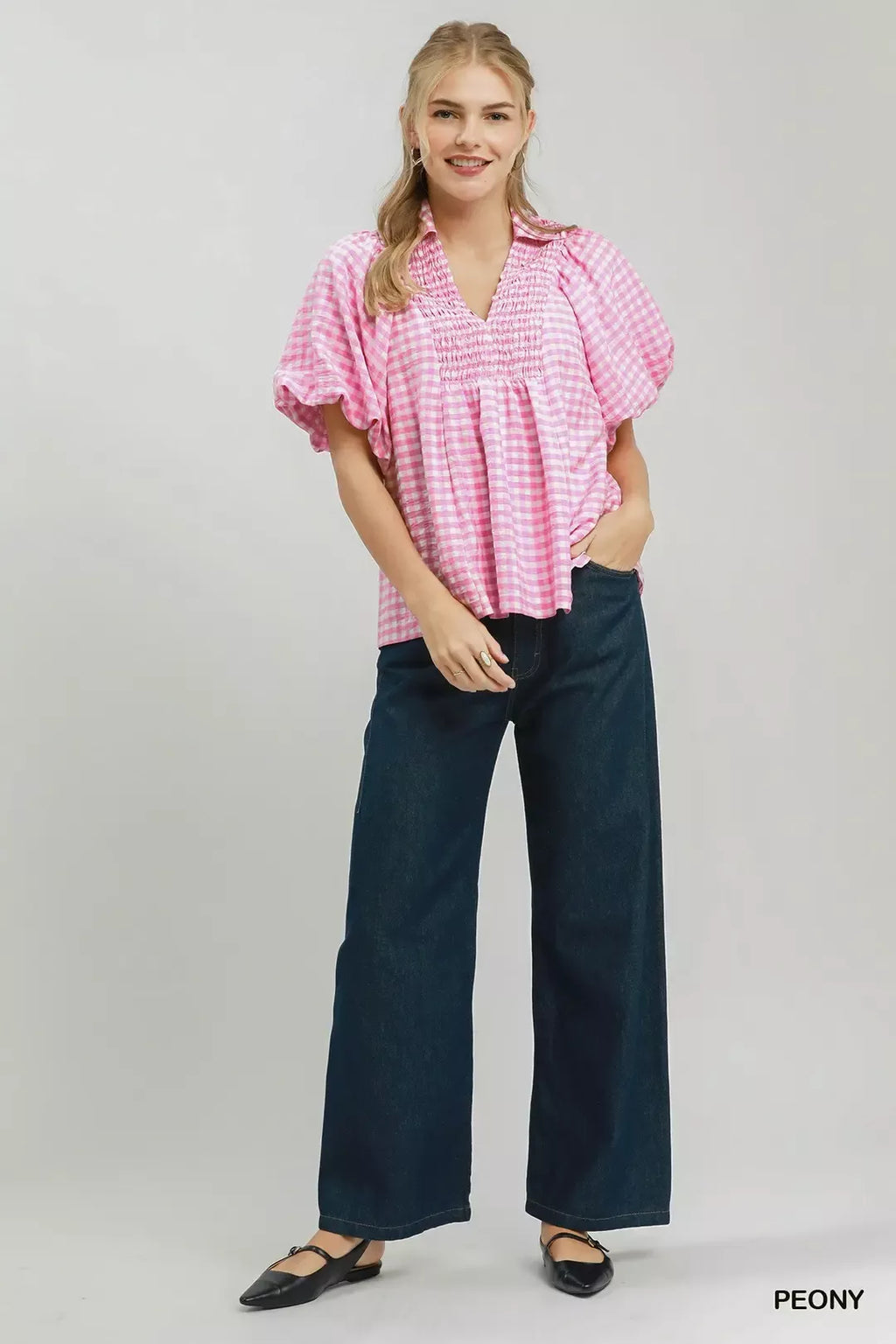 Umgee Smocked Yoke Puff Sleeve Gingham Blouse in Peony