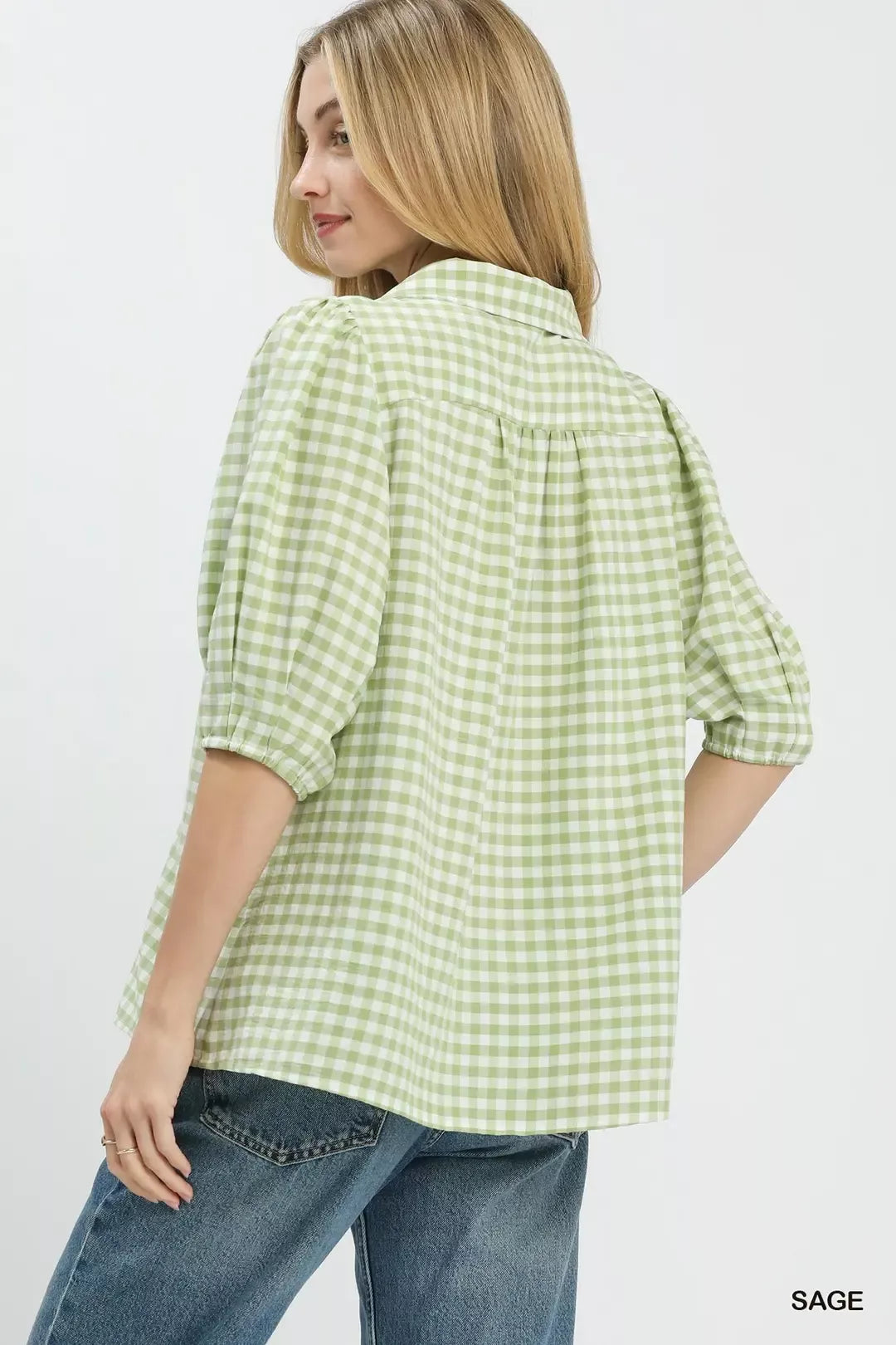 Umgee Gingham Puff Sleeve Collared Blouse in Sage