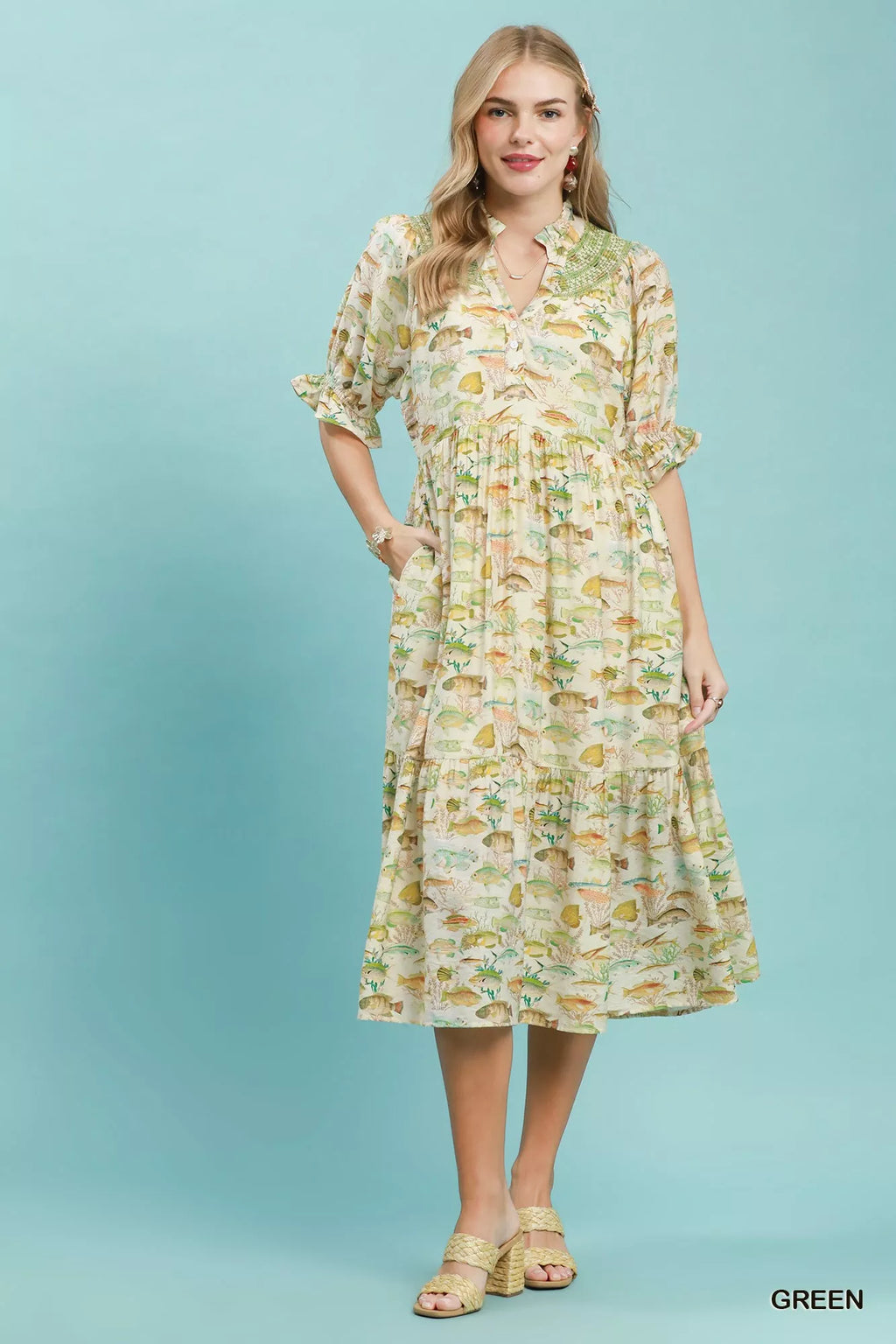 Umgee Print Tiered Midi Dress in Green