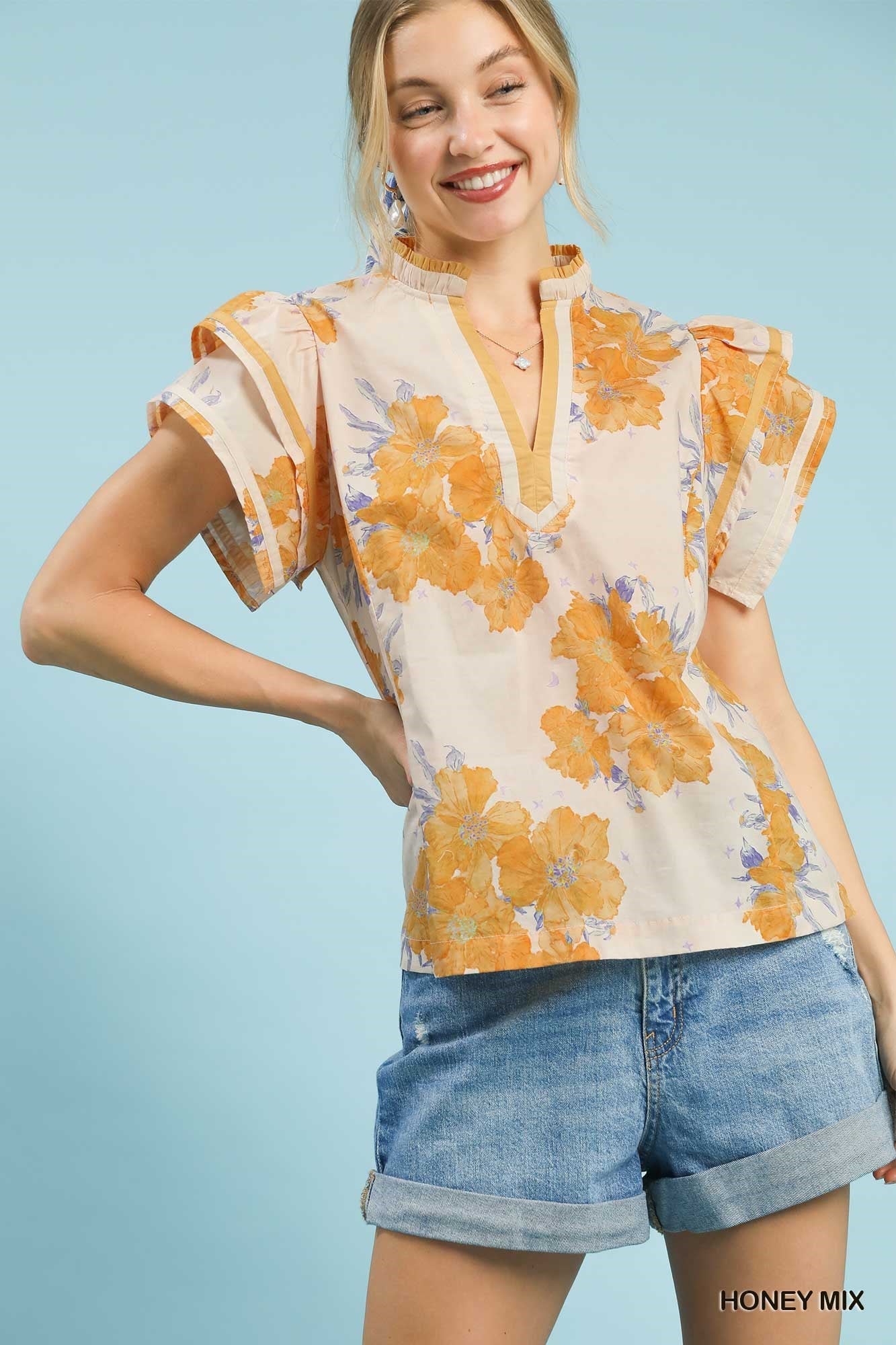 Umgee Mix Floral Ruffle Sleeve Blouse in Honey