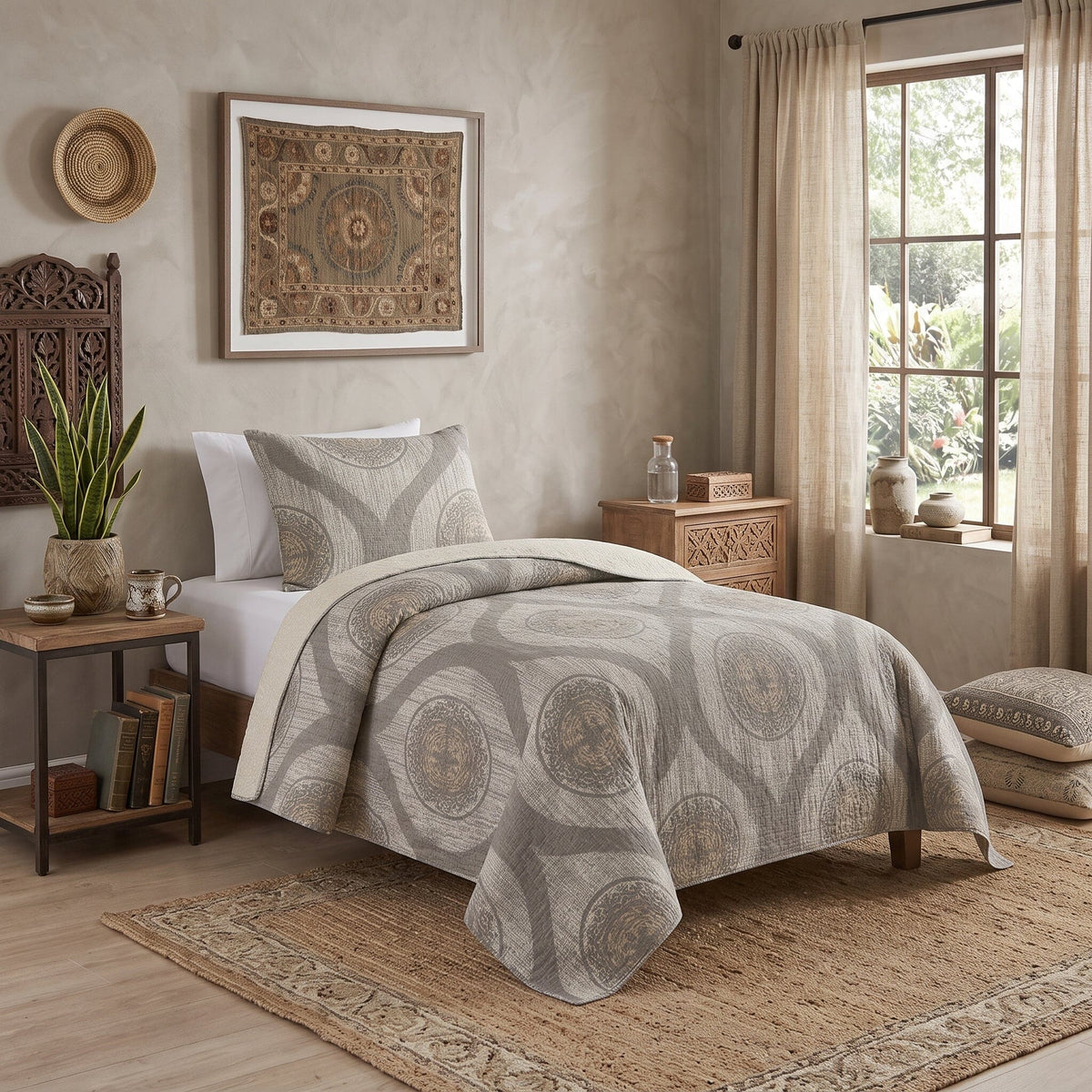DaDa Rustic Grey Medallion Reversible Bedspread Set