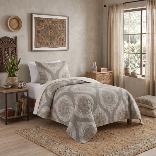 DaDa Rustic Grey Medallion Reversible Bedspread Set