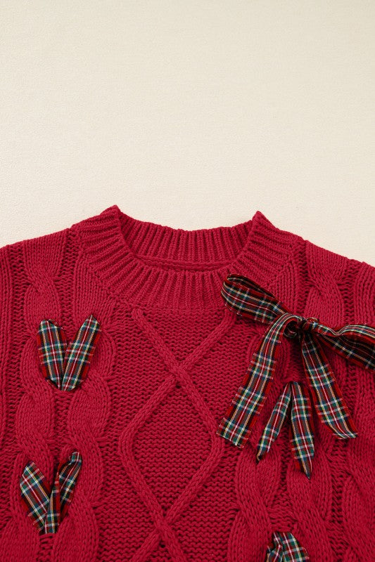 Red Plaid Lace-Up Puff Sleeve Sweater