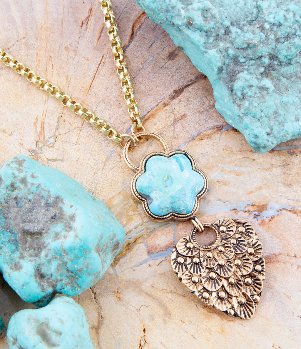 Blue Turquoise Flower Golden Necklace