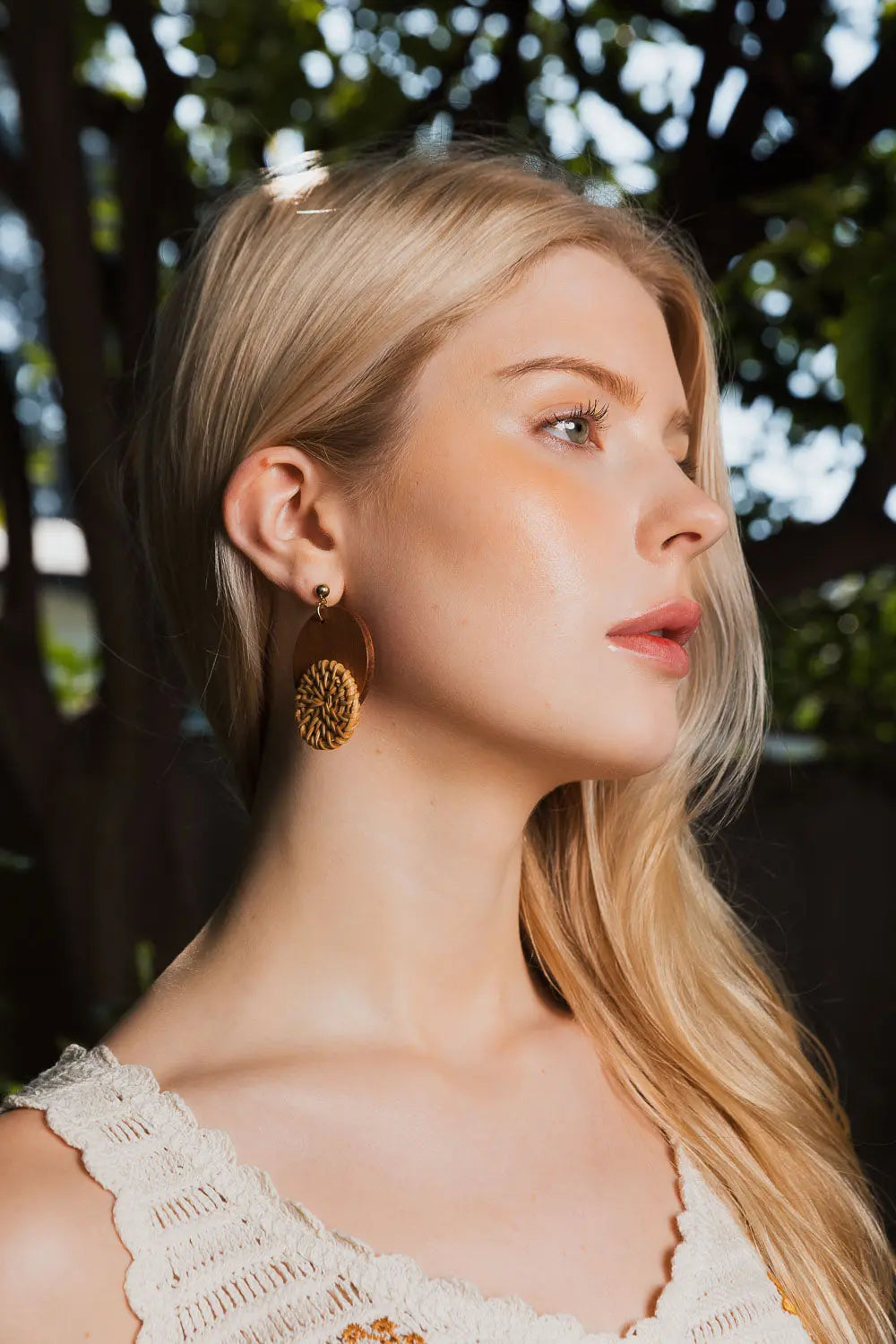 Boho Wood-Trimmed Round Straw Earrings