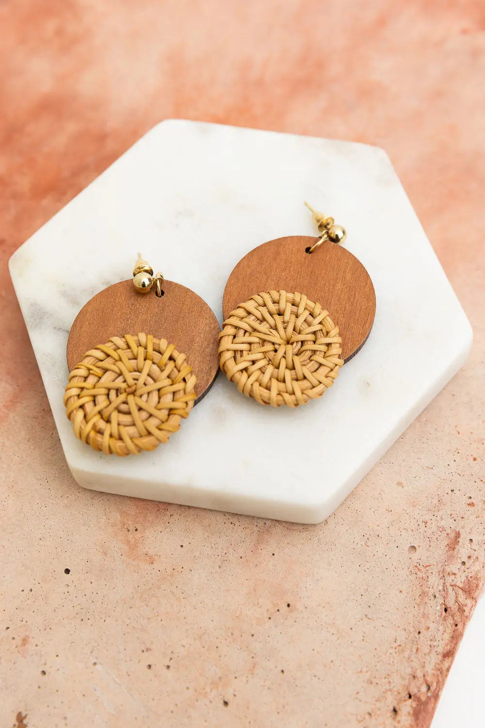 Boho Wood-Trimmed Round Straw Earrings