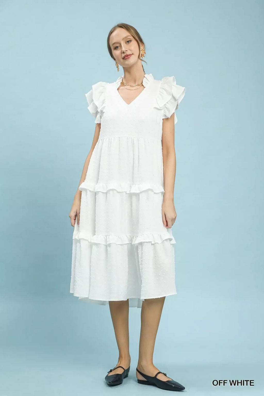 Umgee Textured Ruffle Sleeve Tiered Midi Dress in Off White