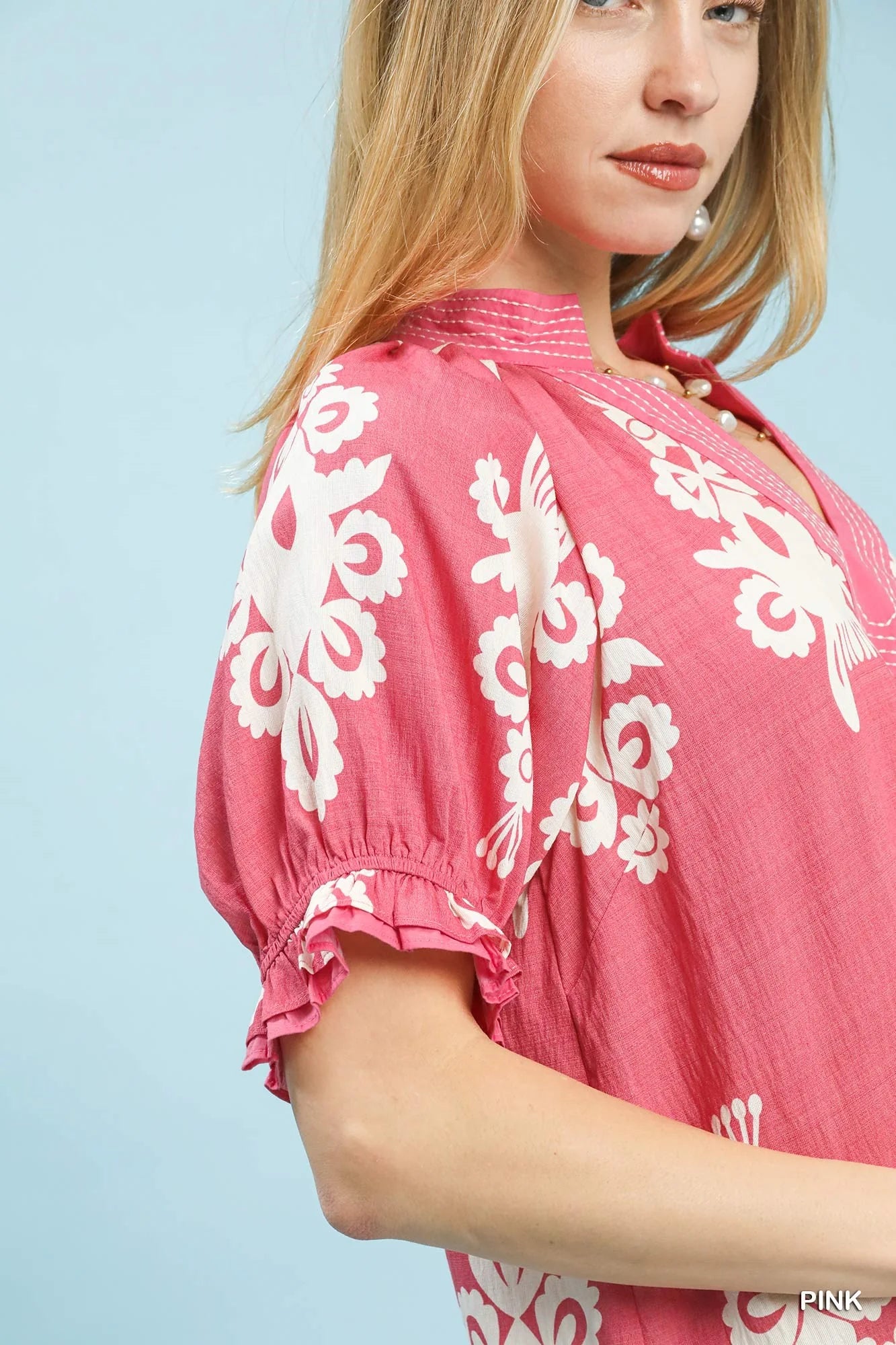Umgee Two Tone Border Print Mini Dress in Pink