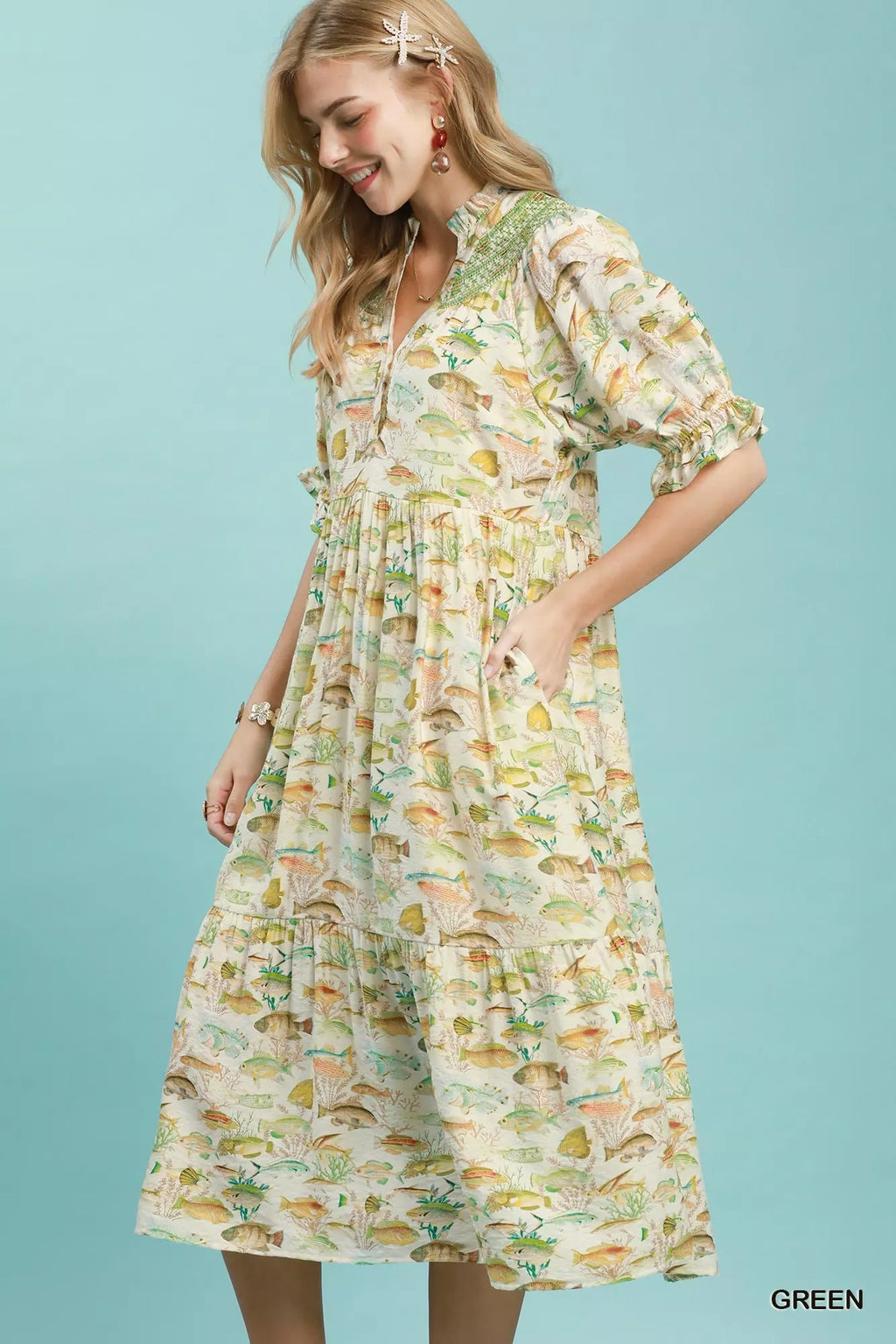 Umgee Print Tiered Midi Dress in Green