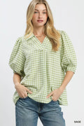 Umgee Gingham Puff Sleeve Collared Blouse in Sage
