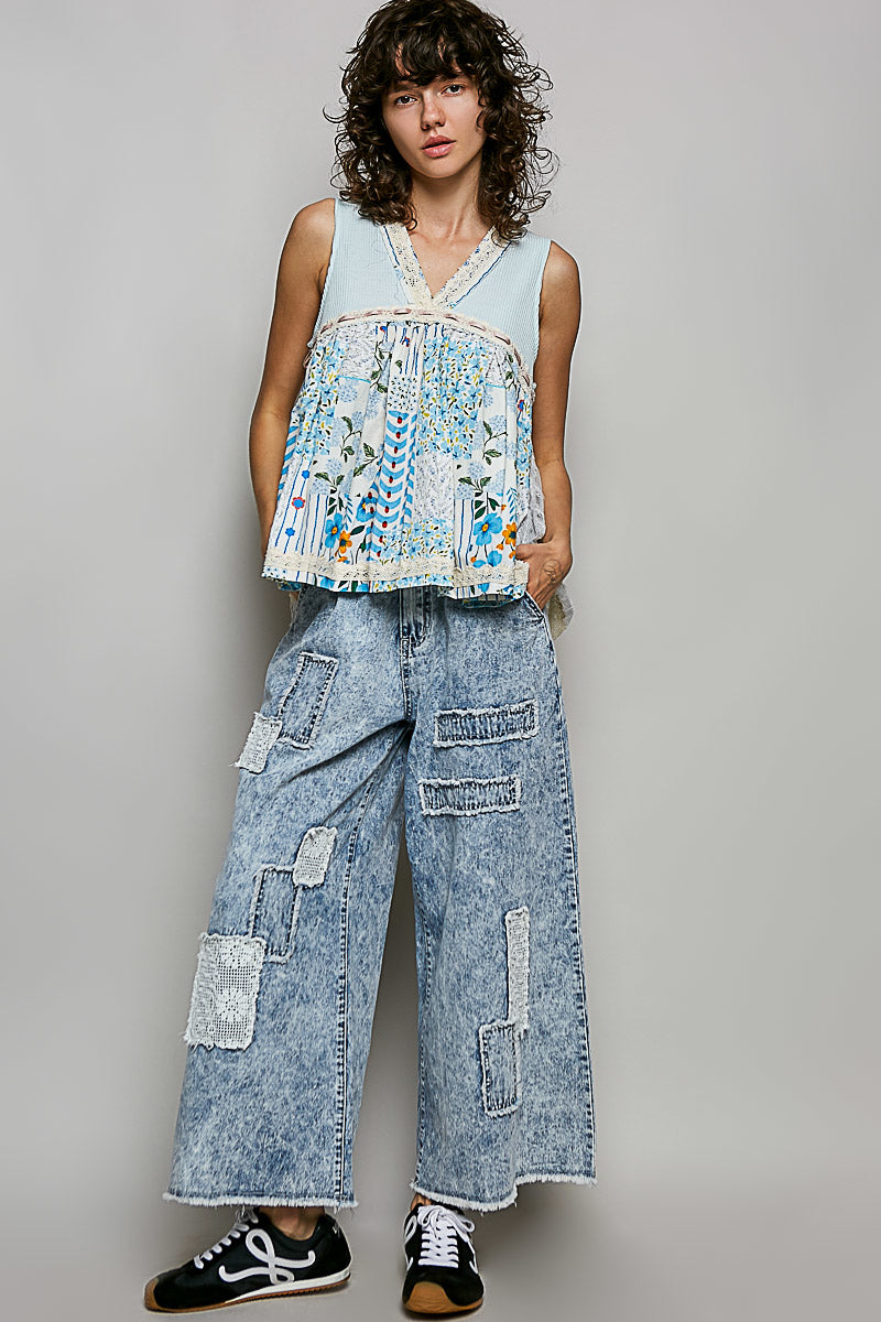 POL Floral V-Neck Sheer Tank with Lace Trim in Soda Candy