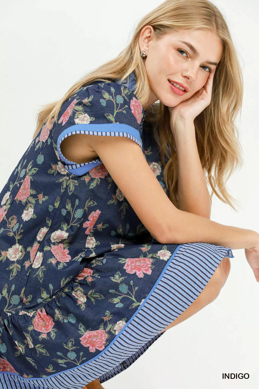Umgee Floral Contrast Trim Ruffle Hem Mini Dress in Indigo