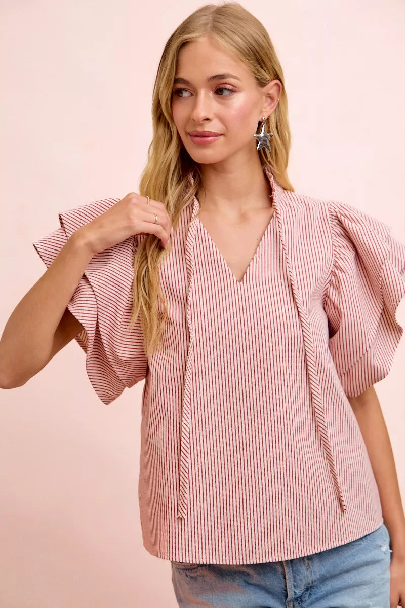 BiBi Twill Striped Ruffle Sleeve Blouse