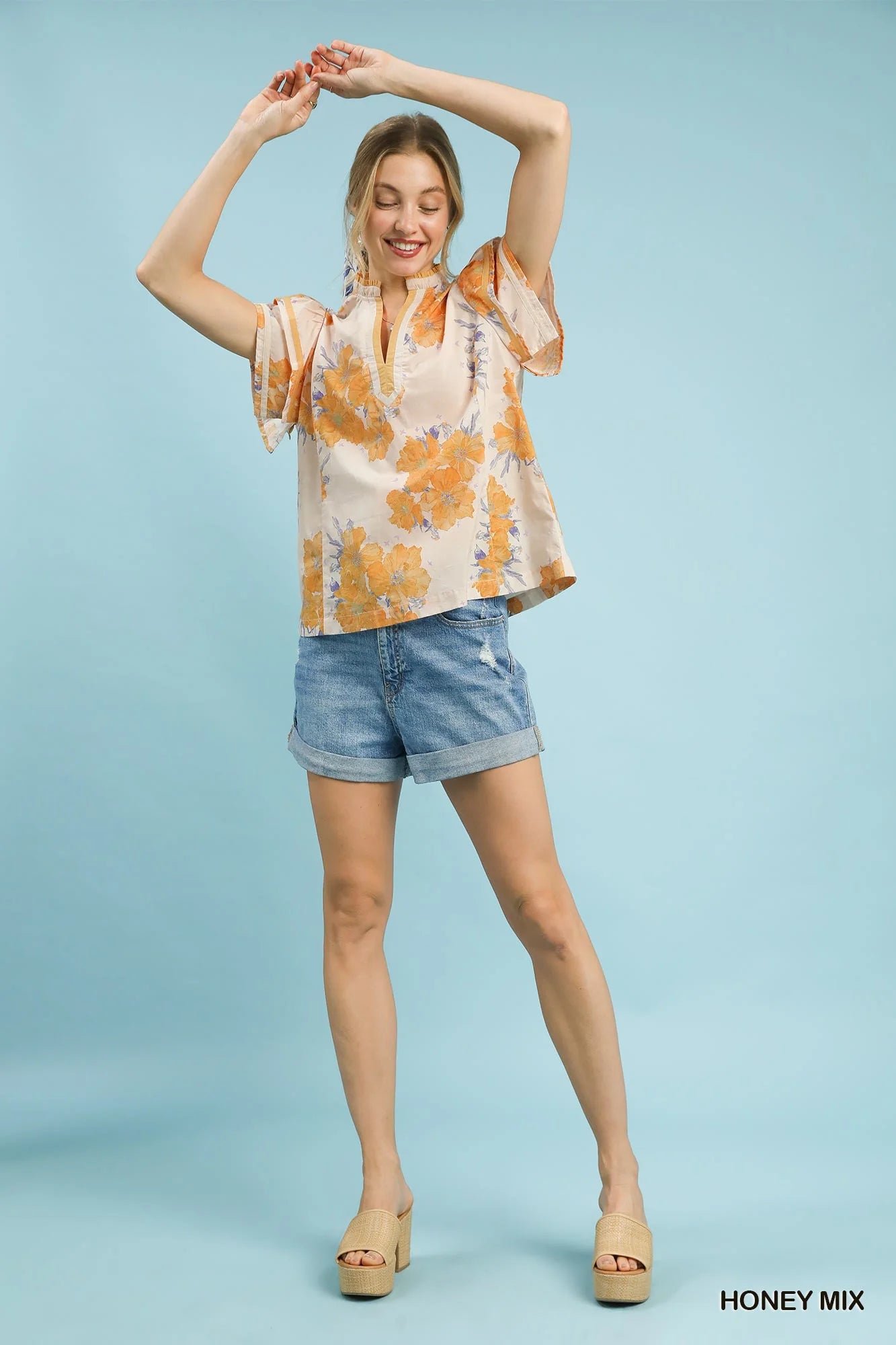 Umgee Mix Floral Ruffle Sleeve Blouse in Honey