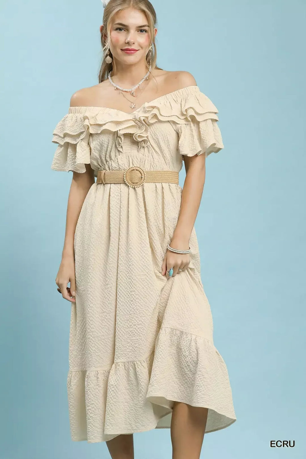 Umgee Textured Ruffle Midi Dress in Ecru