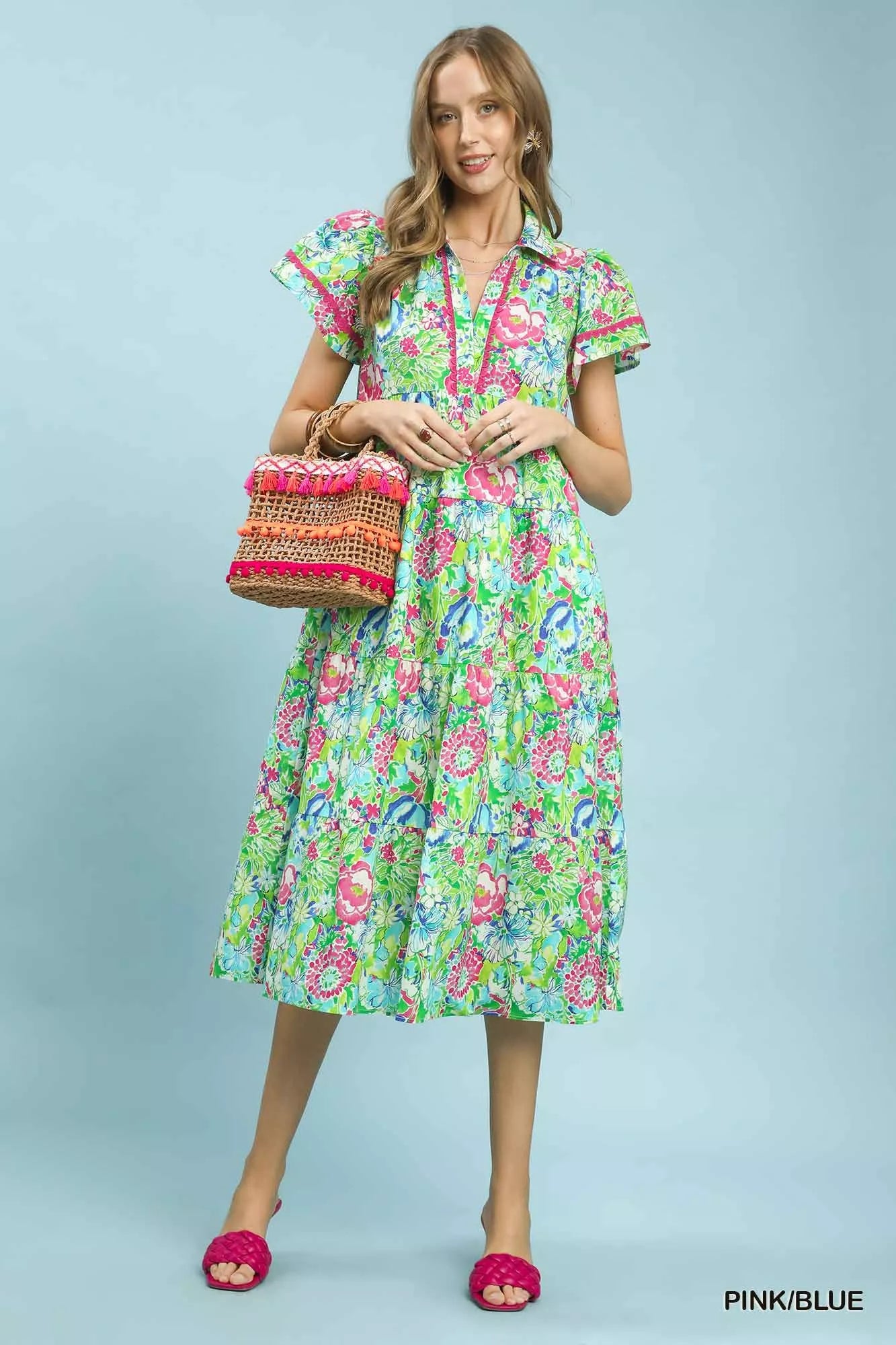 Umgee Bold Mixed Floral Tiered Midi Dress in Pink/Blue