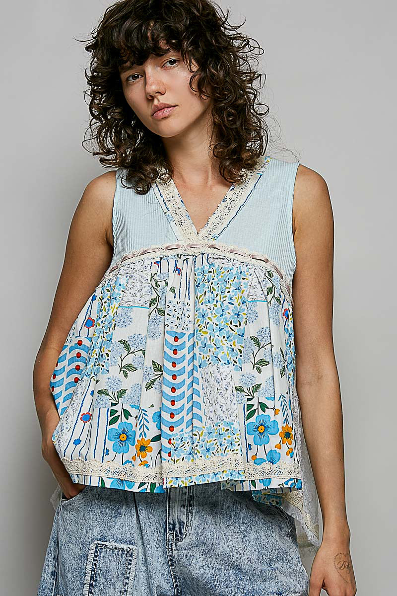 POL Floral V-Neck Sheer Tank with Lace Trim in Soda Candy