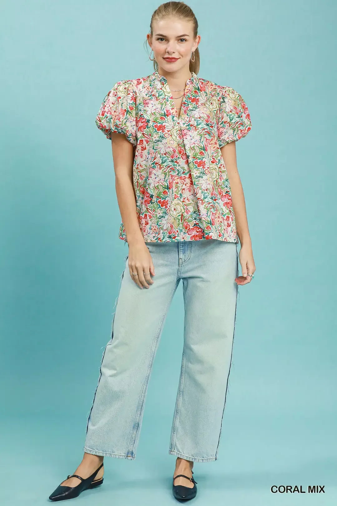 Umgee Floral Puff Sleeve Blouse in Coral
