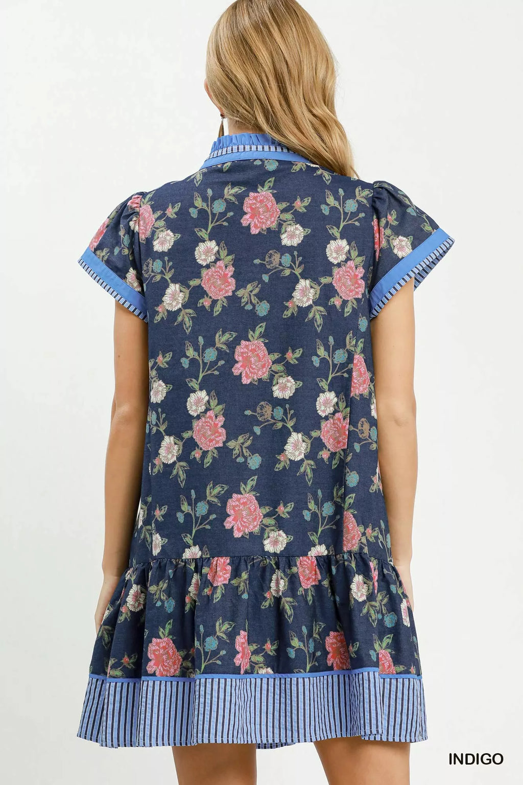 Umgee Floral Contrast Trim Ruffle Hem Mini Dress in Indigo
