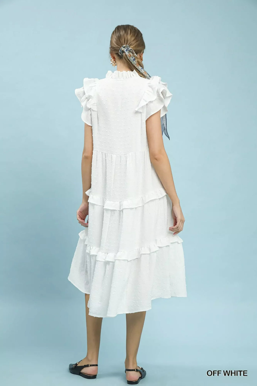 Umgee Textured Ruffle Sleeve Tiered Midi Dress in Off White