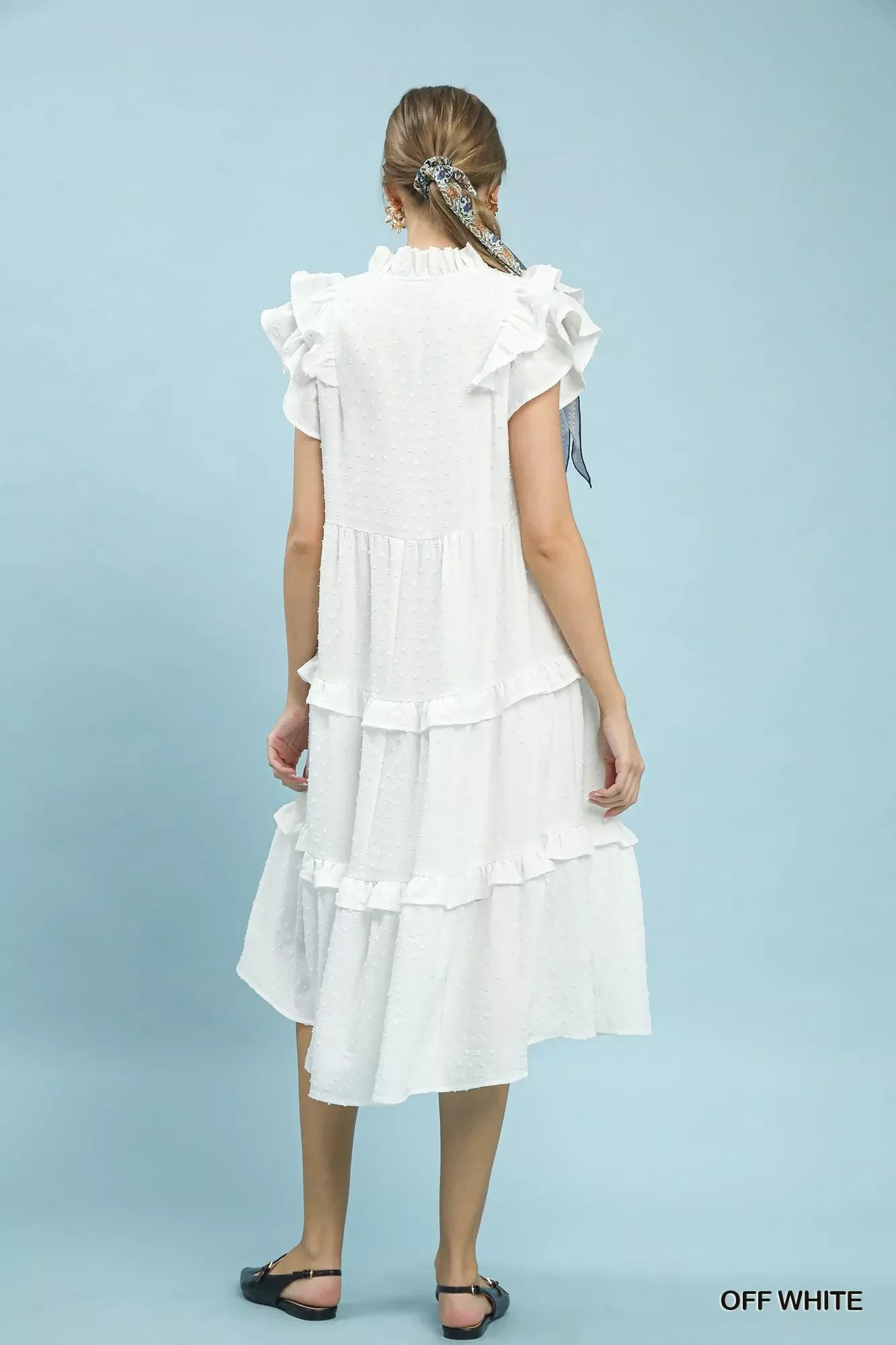 Umgee Textured Ruffle Sleeve Tiered Midi Dress in Off White