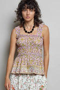 POL Smocked Printed Square Neck Peplum Tank with Ruffle Trim