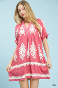 Umgee Two Tone Border Print Mini Dress in Pink