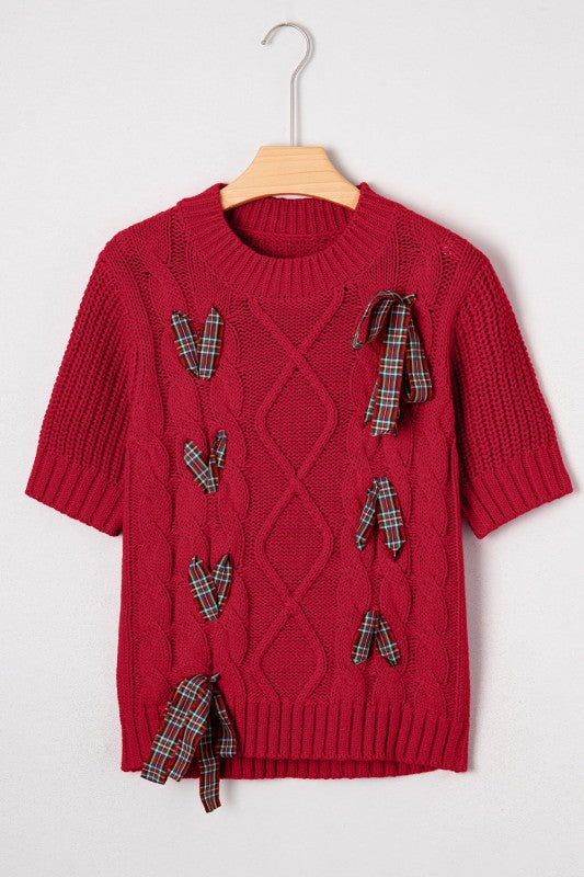 Red Plaid Lace-Up Puff Sleeve Sweater