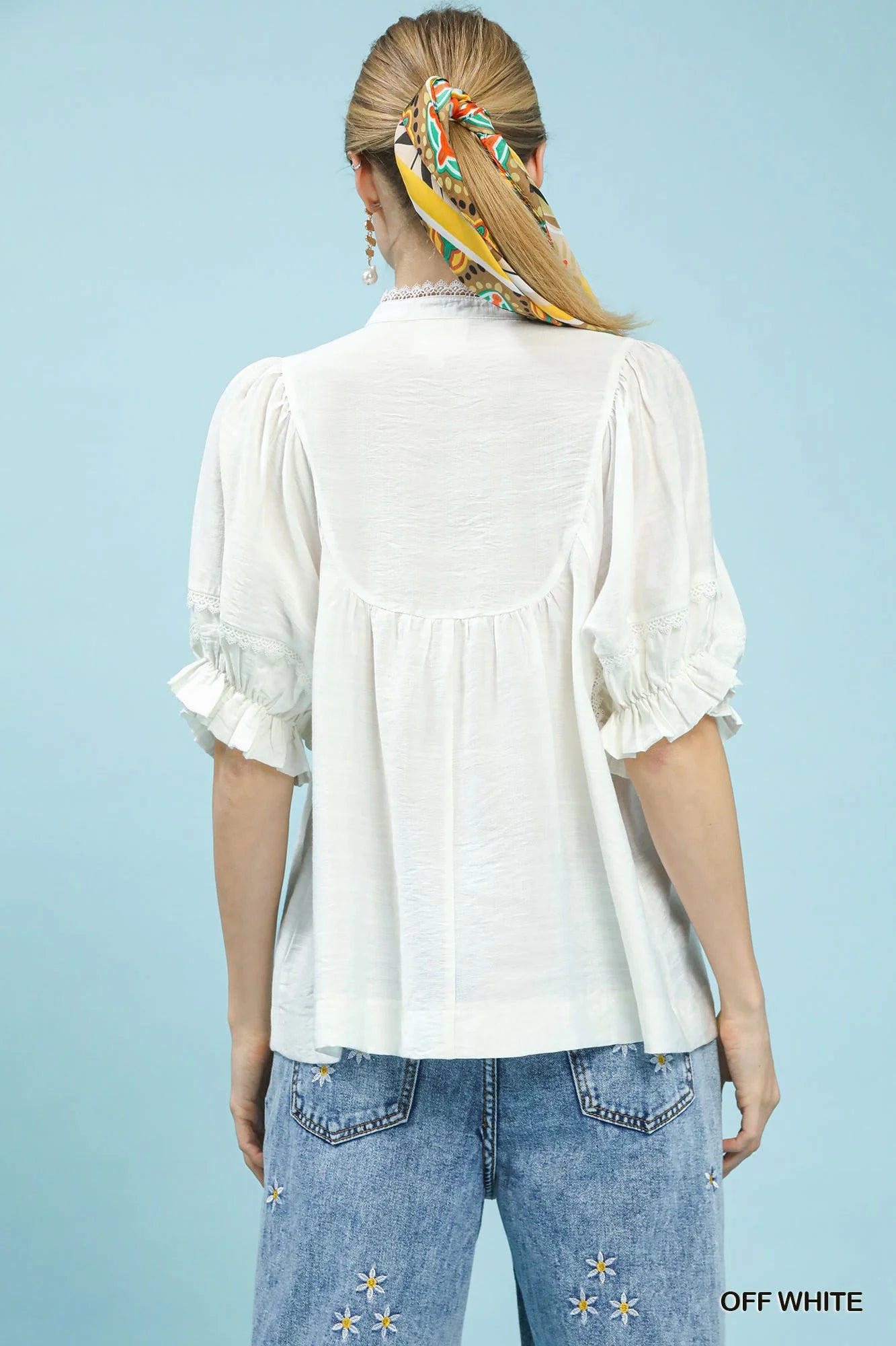 Umgee Smocked Yoke Blouse with Ruffle Sleeves in Off White