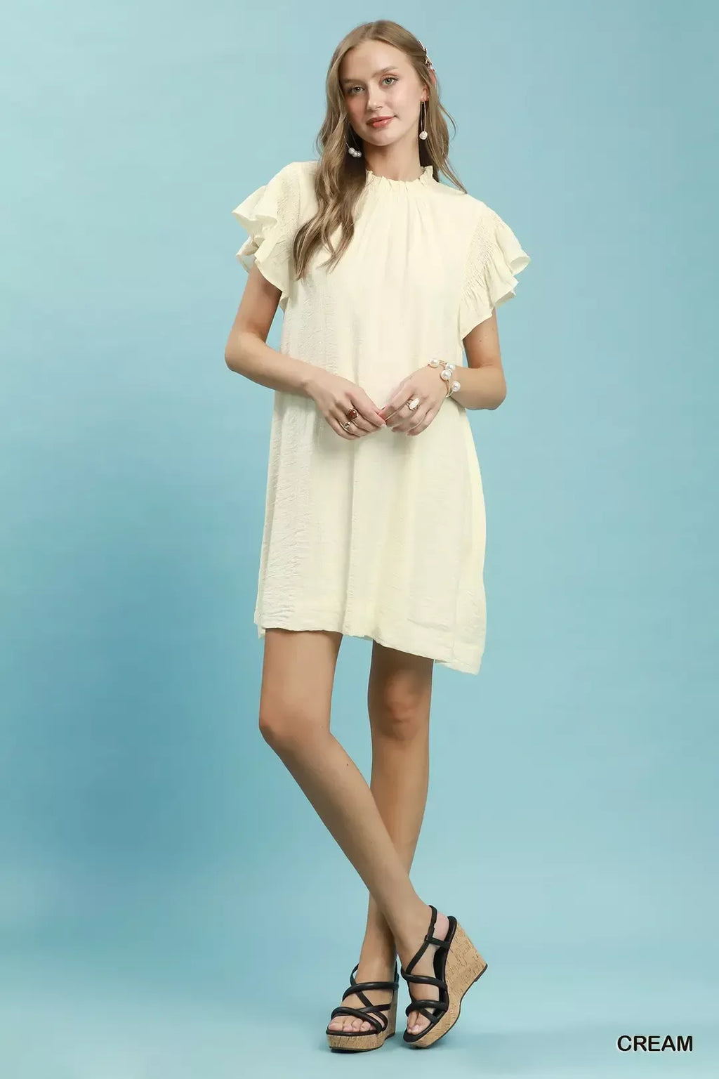 Umgee Ruffle Flutter Sleeve Dress in Cream